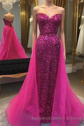 Sparkly Hot Pink Detachable Train Sequins Long Semi Formal Prom Dress